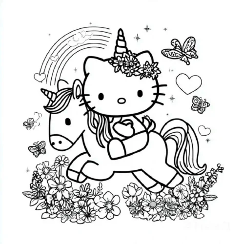Hình tô màu hello Kitty cưỡi kỳ lân giữa hoa và bướm
