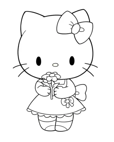 Tranh tô màu hello Kitty cầm hoa, nét mảnh