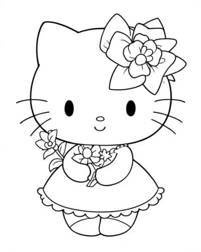 Hình tô màu hello Kitty ôm bó hoa mặc váy ren