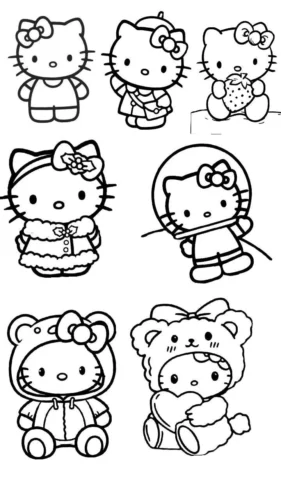 Mẫu tô màu sáu ô Hello Kitty nhiều trang phục