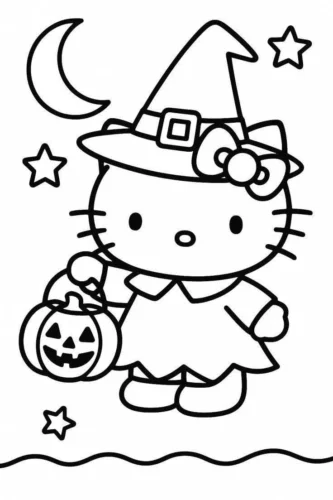 Tranh tô màu hello Kitty phù thuỷ cầm giỏ bí ngô