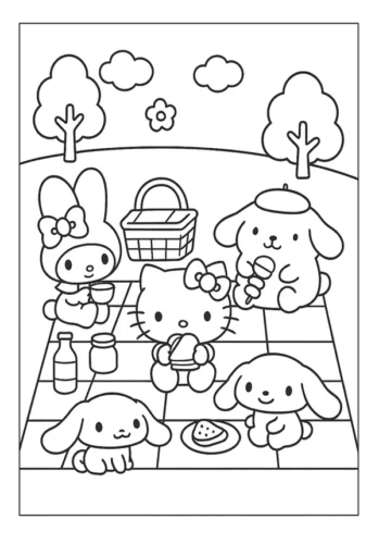 Hình tô màu hello Kitty và các bạn picnic trong công viên