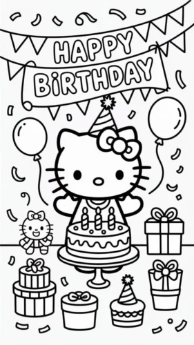 Mẫu tô màu hello Kitty bên bánh dưới chữ Happy Birthday