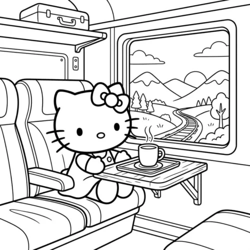 Tranh tô màu hello Kitty đi tàu hoả ngắm cảnh