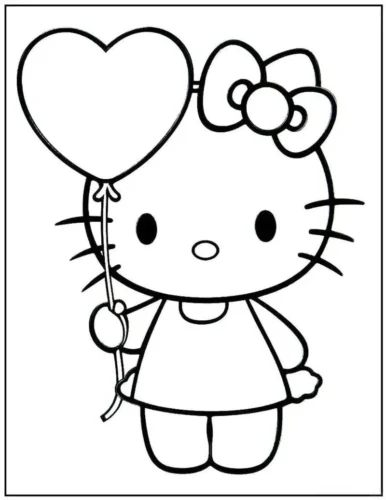 Mẫu tô màu hello Kitty cầm bóng bay trái tim