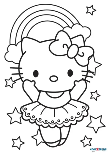 Mẫu tô màu hello Kitty múa dưới cầu vồng