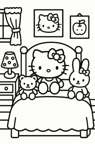 Tranh tô màu hello Kitty và gấu bông trên giường