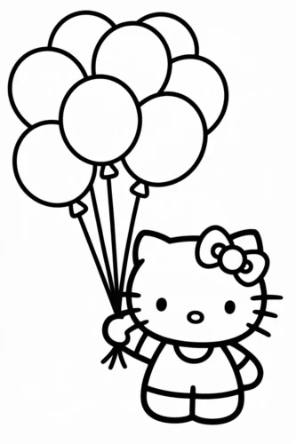 Hình tô màu hello Kitty cầm chùm bóng bay