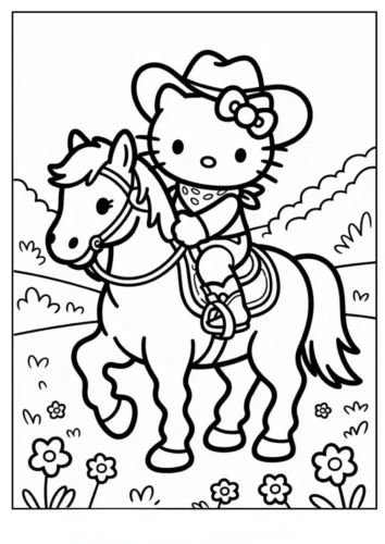 Mẫu tô màu hello Kitty cưỡi ngựa giữa đồng hoa