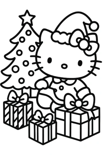 Tranh tô màu hello Kitty bên cây thông Noel và quà
