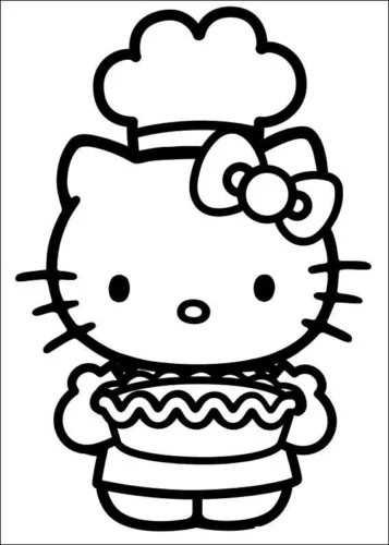 Hình tô màu hello Kitty đầu bếp cầm chiếc bánh