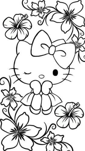 Mẫu tô màu hello Kitty nháy mắt giữa hoa
