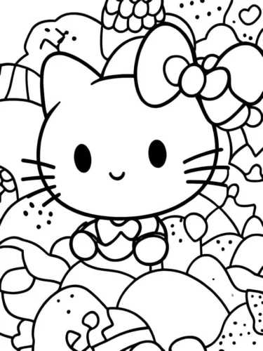 Tranh tô màu hello Kitty giữa những bông hoa lớn