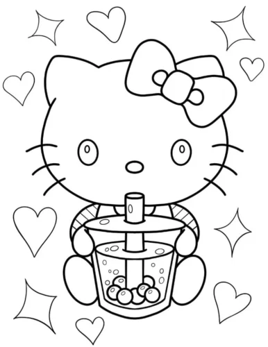 Hình tô màu hello Kitty uống trà sữa giữa sao