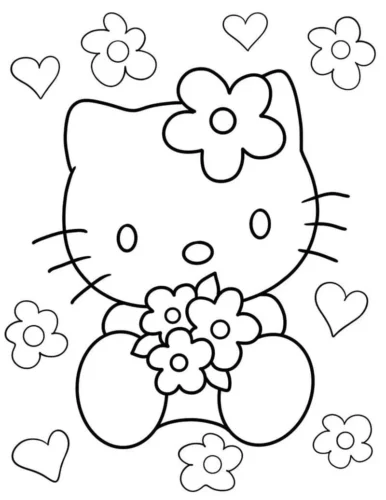 Mẫu tô màu hello Kitty ôm bó hoa