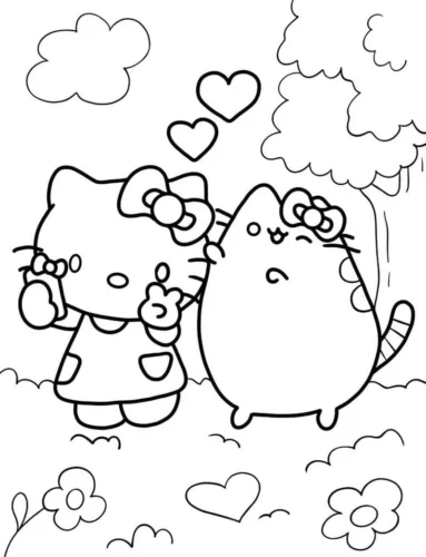 Hình tô màu hello Kitty và mèo Pusheen