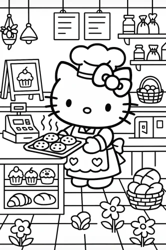 Tranh tô màu hello Kitty làm bánh trong tiệm bánh