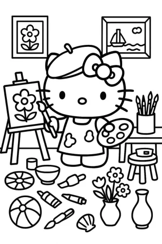 Hello Kitty hoạ sĩ bên giá vẽ
