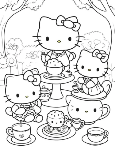 Mẫu tô màu hello Kitty dự tiệc trà cùng các bạn