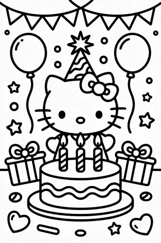 Hello Kitty bên bánh sinh nhật