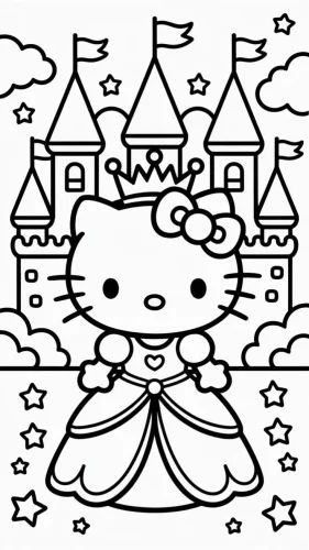 Tranh tô màu hello Kitty công chúa trước lâu đài