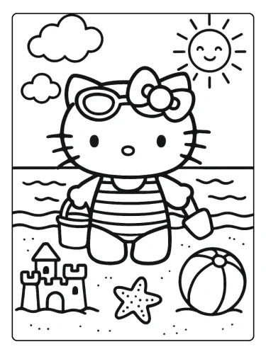 Hello Kitty đi biển xây lâu đài cát