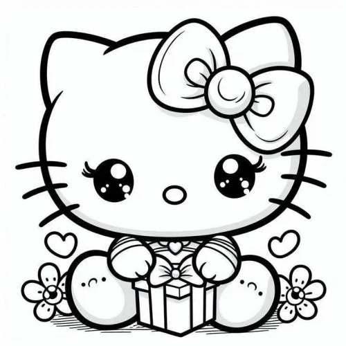 Tranh tô màu hello Kitty ôm hộp quà, nét đậm