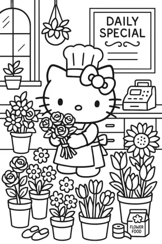 Mẫu tô màu hello Kitty bán hoa trong tiệm
