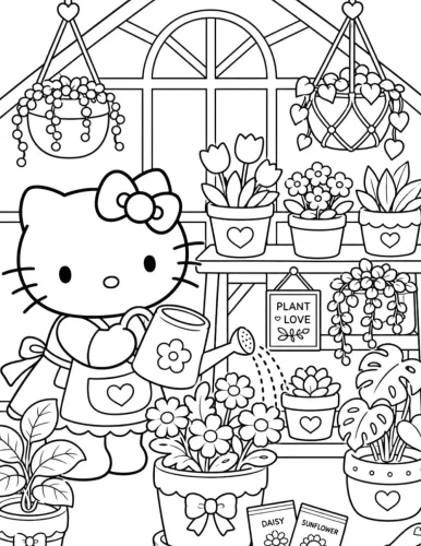 Hình tô màu hello Kitty chăm cây trong nhà kính