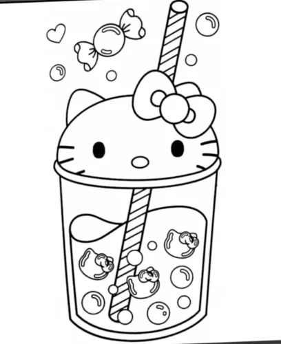Mẫu tô màu ly trà sữa hình Hello Kitty