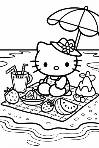 Hình tô màu hello Kitty picnic dưới ô trên bãi biển