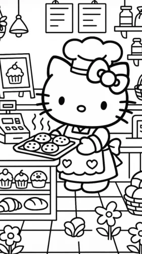 Tranh tô màu hello Kitty làm bánh trong tiệm bánh