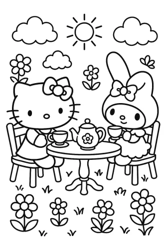 Mẫu tô màu hello Kitty và My Melody uống trà