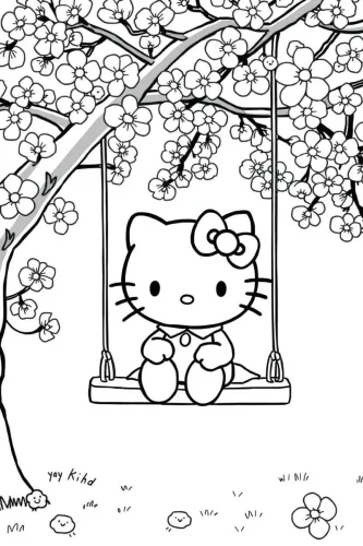 Hello Kitty ngồi xích đu dưới cây hoa