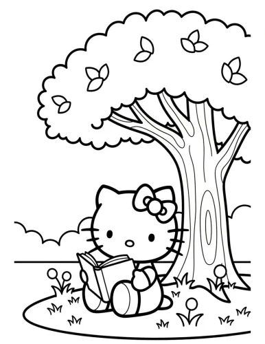 Mẫu tô màu hello Kitty đọc sách dưới gốc cây