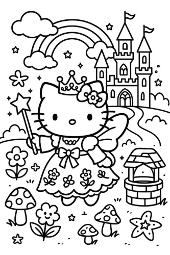 Tranh tô màu hello Kitty tiên nhỏ cầm đũa phép
