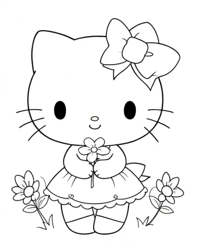 Mẫu tô màu hello Kitty cầm bông hoa
