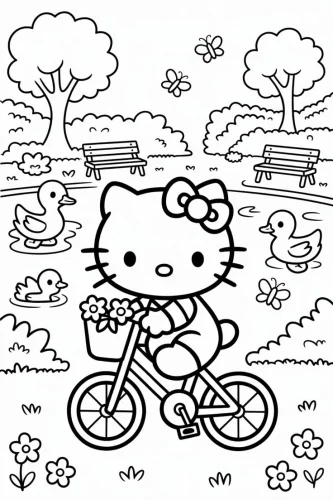 Mẫu tô màu hello Kitty đạp xe trong công viên
