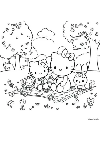 Tranh tô màu hello Kitty và các bạn picnic dưới tán cây