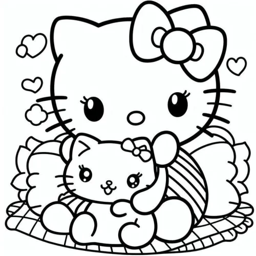 Hello Kitty ôm mèo con trên gối