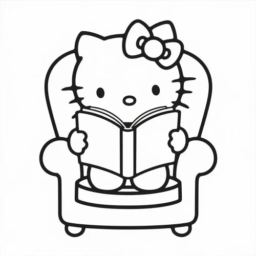 Hello Kitty đọc sách trên ghế bành