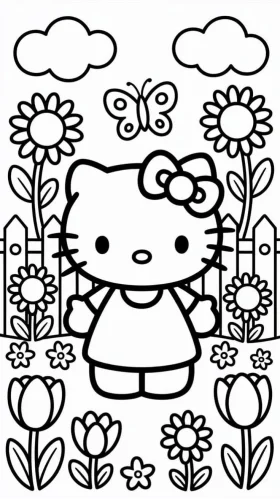 Mẫu tô màu hello Kitty giữa vườn hướng dương