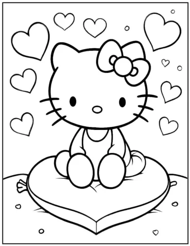 Hello Kitty ngồi trên gối trái tim