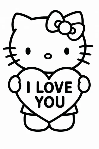 Hình tô màu hello Kitty ôm trái tim I Love You