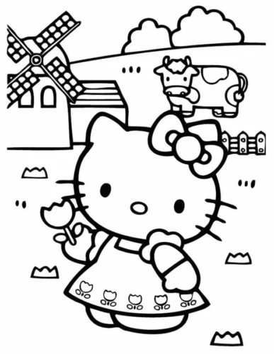 Hello Kitty bên cối xay gió ngoài trang trại