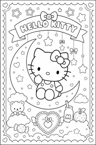 Hello Kitty ngồi trên vầng trăng dưới chữ Hello Kitty