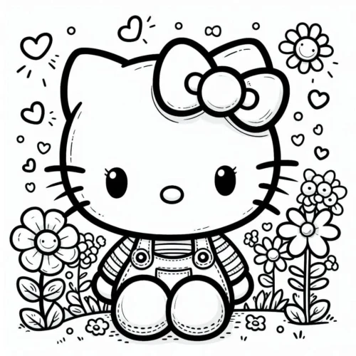 Hello Kitty ngồi giữa vườn hoa