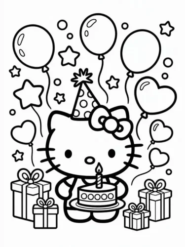 Hello Kitty bên bánh sinh nhật và bóng bay