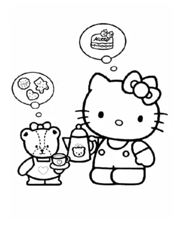 Hello Kitty và gấu nhỏ nghĩ về bánh