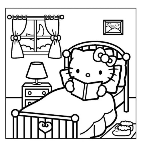 Hello Kitty đọc sách trên giường